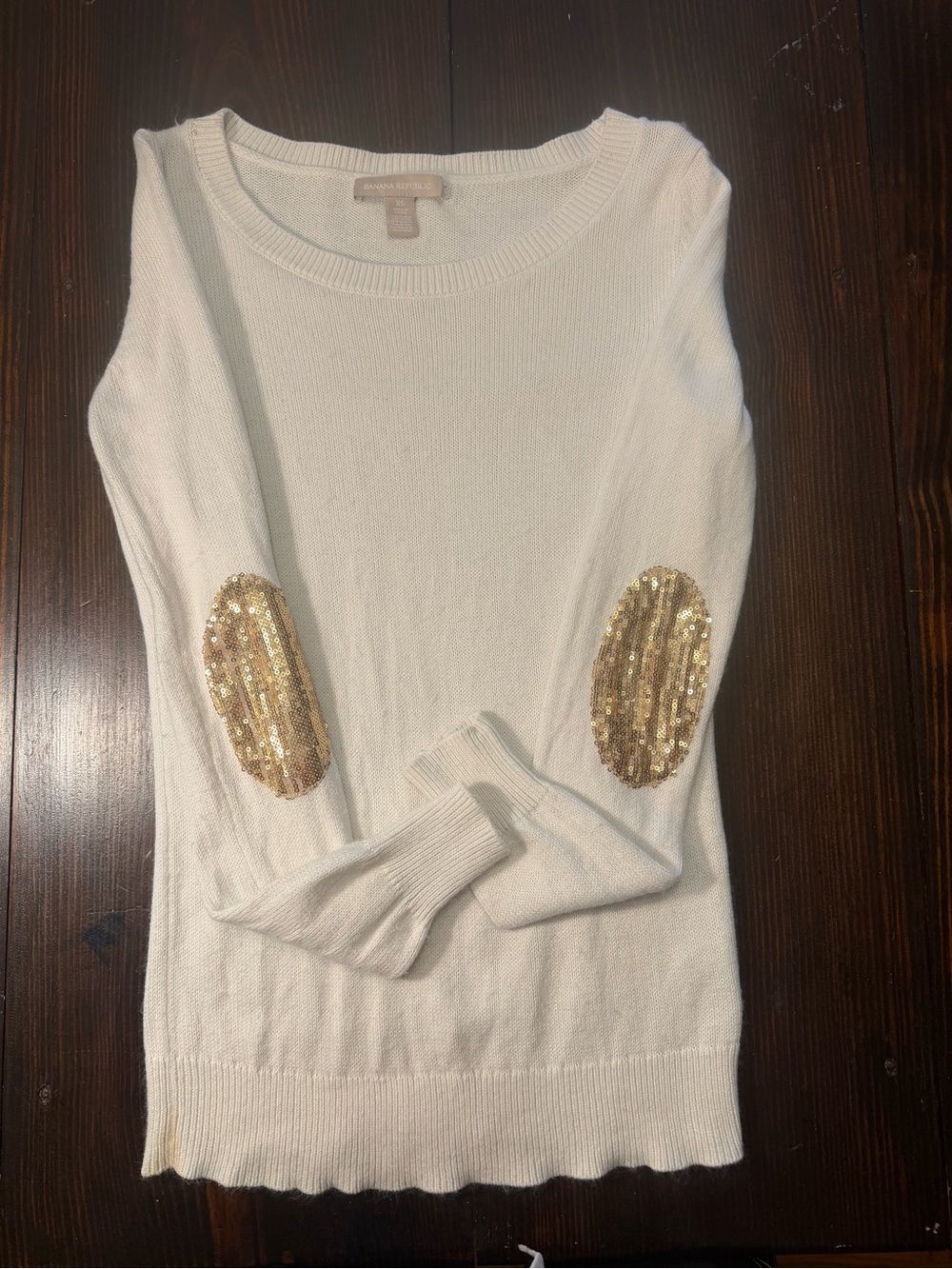Banana Republic Cream Crewneck Sweater with Gold Sequin Elbow Patches